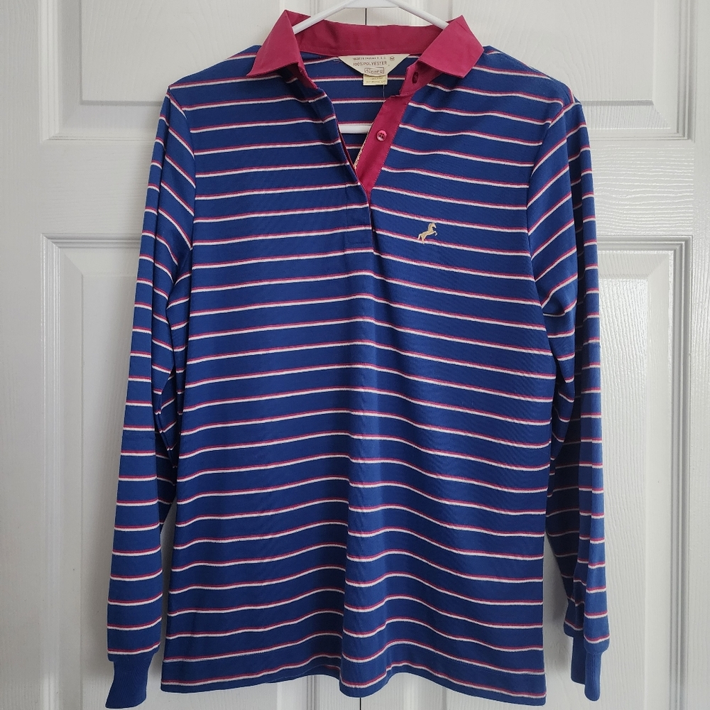 Vintage 80s SEARS Striped Long Sleeve Polo Shirt, Preppy Blue Pink Sz M, NWT